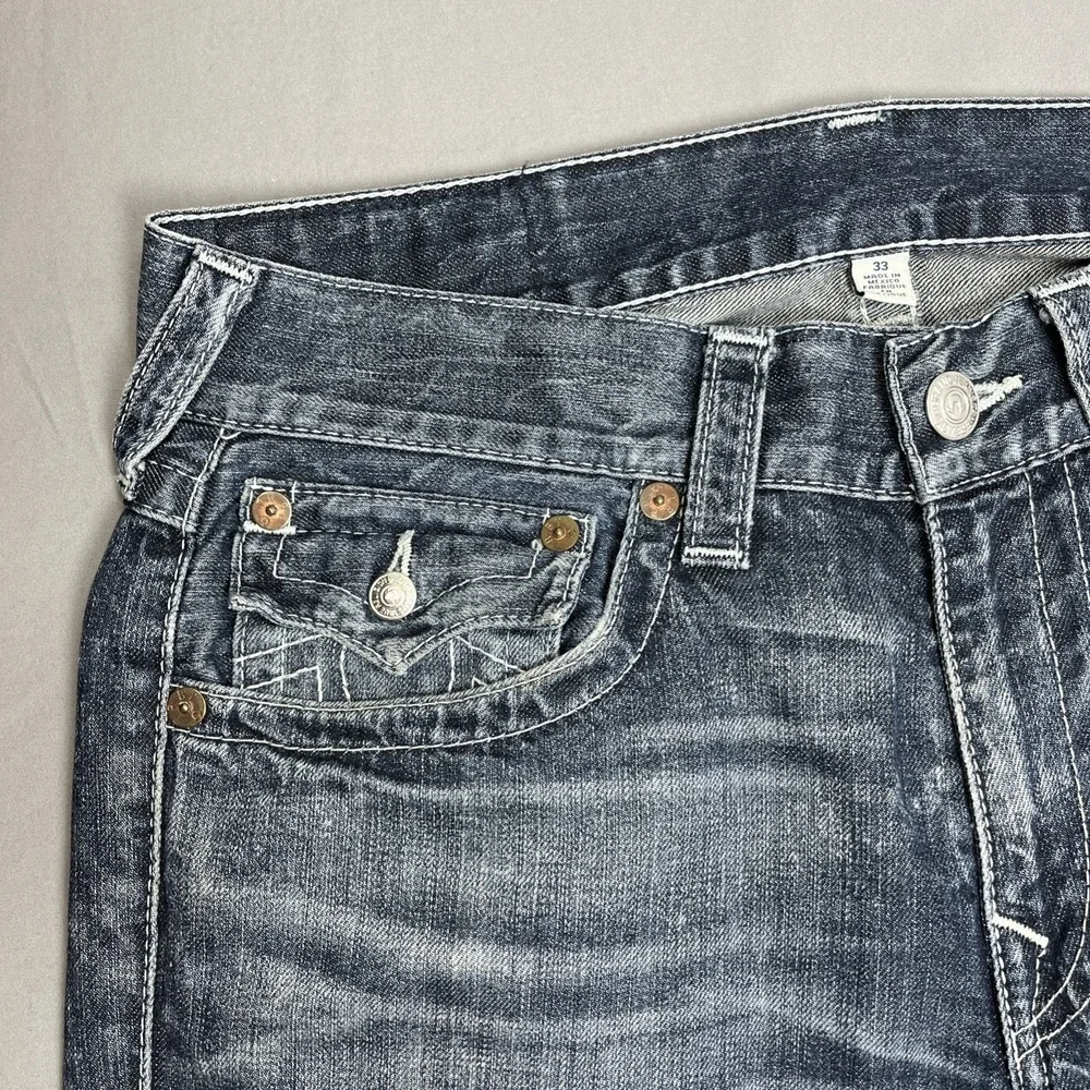 True Religion Jeans Mens 33 Straight Fit Flap Pocket Medium Acid Wash Blue Denim